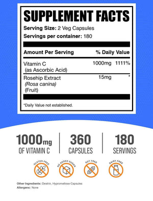 BulkSupplements.com Vitamin C with Rose Hips Capsules - Ascorbic Acid Supplemnet, Rose Hips for Immune Support - Vegan, 2 Capsules per Serving (1000mg), 360 Count (Pack of 1)