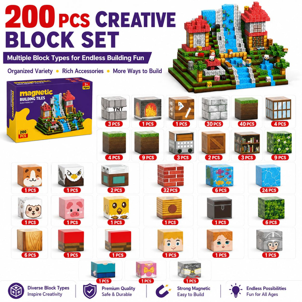 Magnetic Building Blocks 200PCS, 0.8in Stacking Cubes STEM Toy Kids Ages 3+