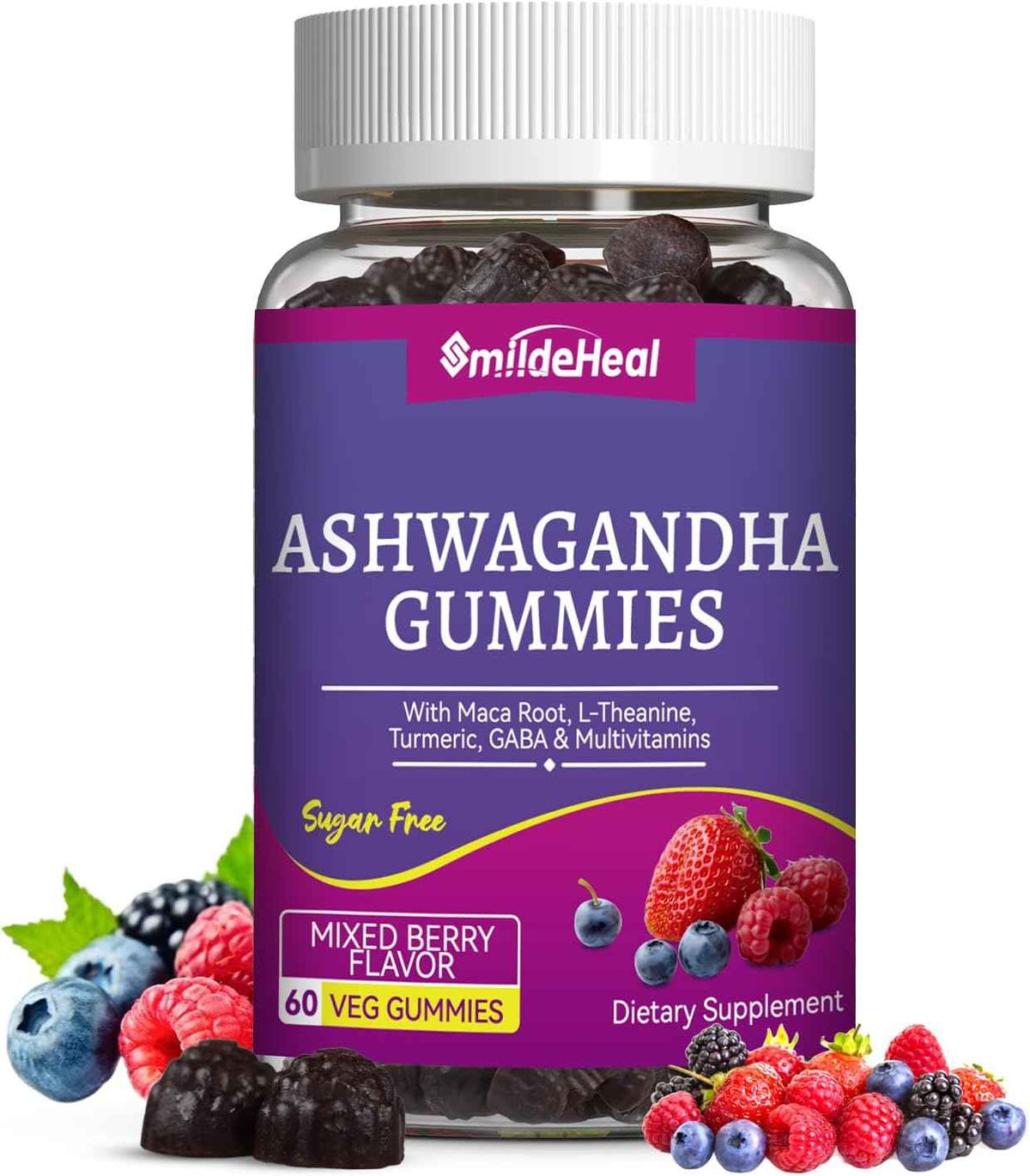 Ashwagandha Gummies 3000mg for Calm & Stress Relief, 60 Count, Vegan - Ashwagandha High Strength Root Extract Supplement with L-Theanine, Trumeric, D3 for Women & Men - Natural Mixed Berry Flavor