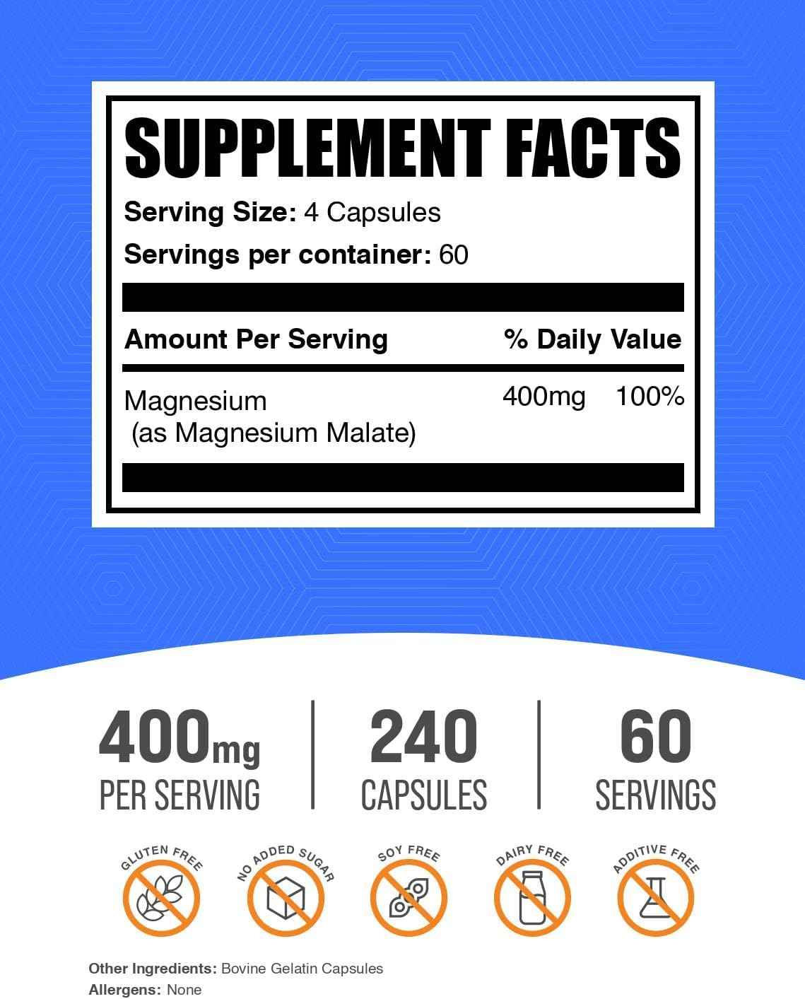 BulkSupplements.com Magnesium Malate Capsules - Magnesium Supplement, Magnesium Malate 400mg - Essential & Gluten Free, 4 Capsules per Serving, 240 Count (Pack of 1)