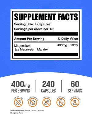 BulkSupplements.com Magnesium Malate Capsules - Magnesium Supplement, Magnesium Malate 400mg - Essential & Gluten Free, 4 Capsules per Serving, 240 Count (Pack of 1)