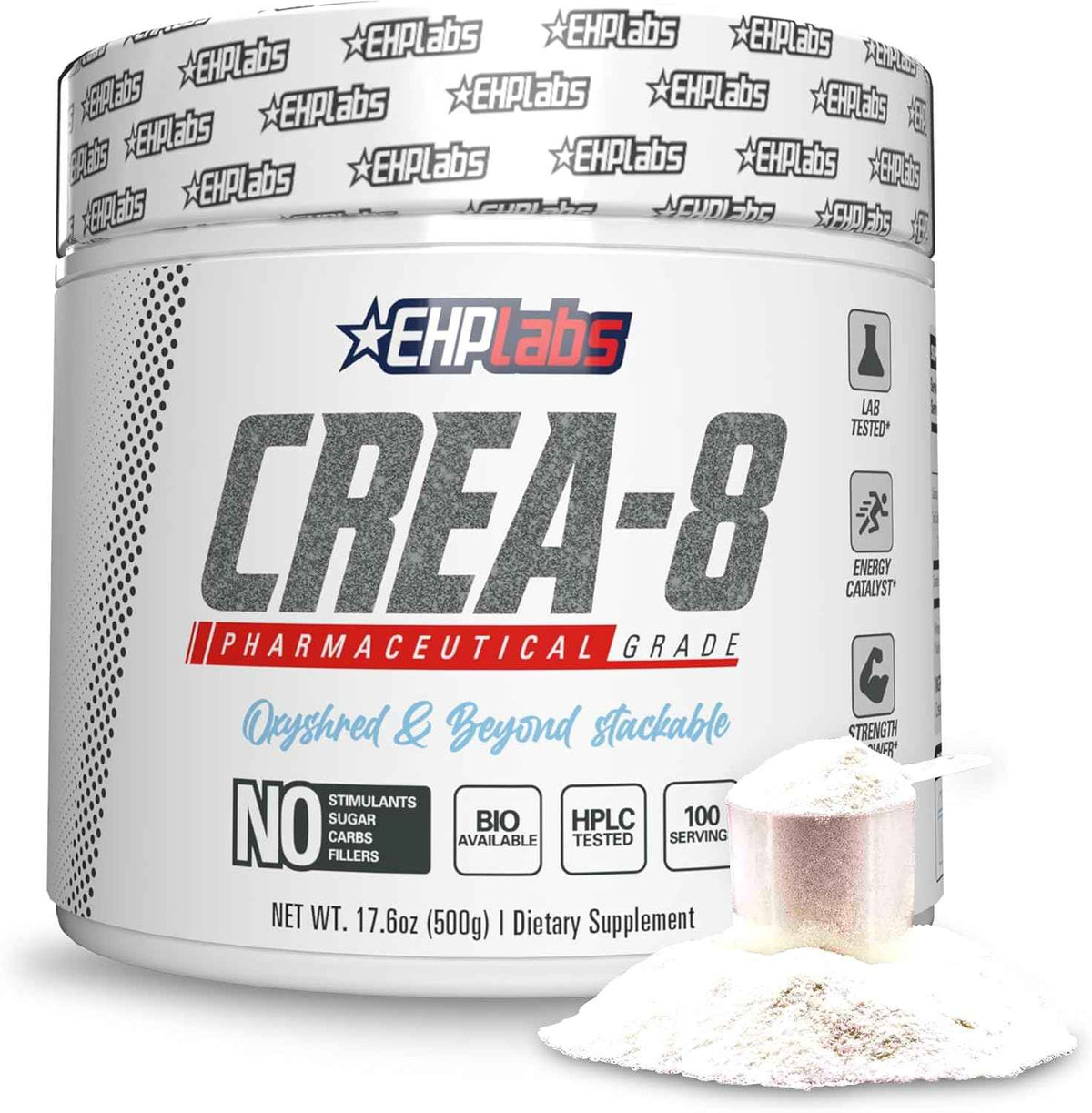 EHP Labs CREA-8 Creatine Monohydrate Powder, Unflavored, 100 Servings - Micronized Creatine For Muscle Growth, Strength & Energy. Mixes Easily, No Clumping. Pre Or Post Workout. 500g