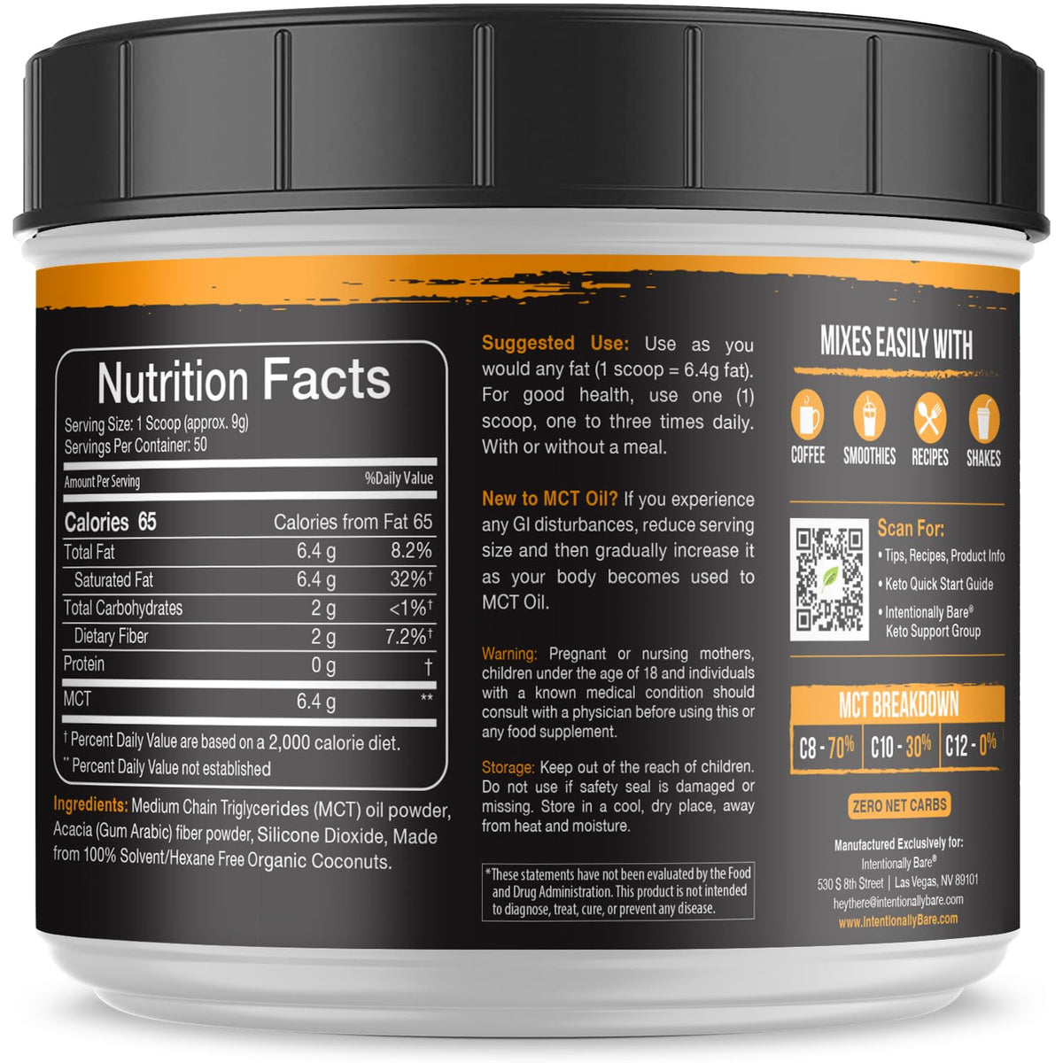 Intentionally Bare MCT Oil Powder - Unflavored – Zero net Carbs 16oz