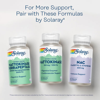 SOLARAY Nattokinase Supplement 1250 FU for Men & Women - Digestive Natto Enzymes, Heart Health & Circulation Support, Nattokinase Capsules 100 mg, Enteric Coated - 30 Veg Caps