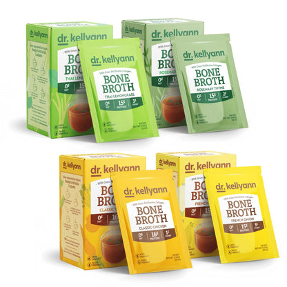 Dr. Kellyann Bone Broth Packets Variety Pack (4 Boxes, 28 Servings) - Grass-Fed Collagen, Keto & Paleo-Friendly
