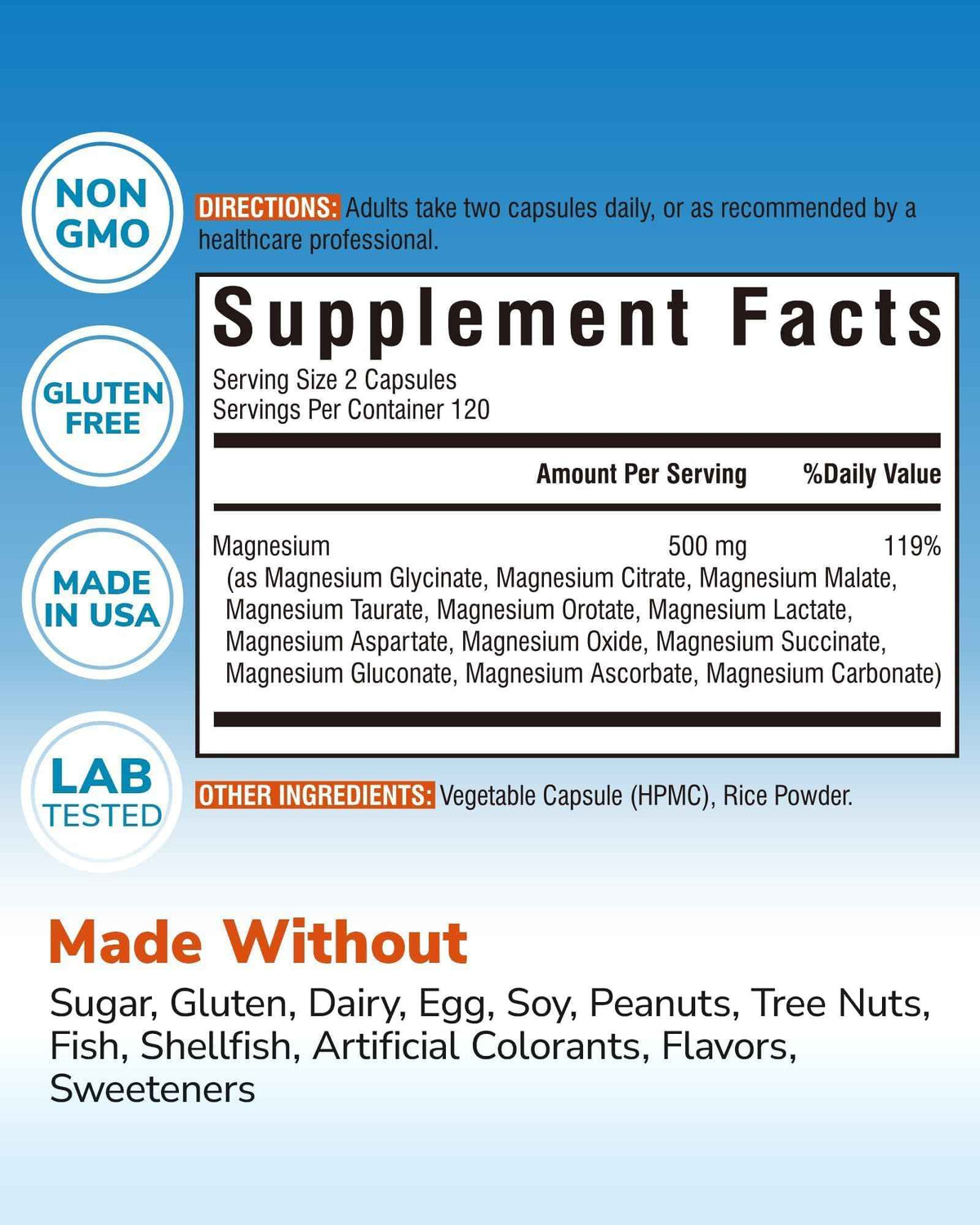 Vitalibre 12 in 1 Magnesium Complex 500mg for Women Men, 120 Vegan Capsules - Max Absorption Chelated Magnesium Glycinate Citrate Malate & More for Bone, Nerve & Digestive Support - Non-GMO