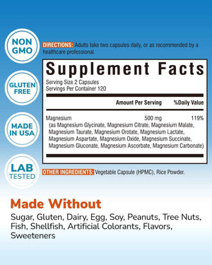 Vitalibre 12 in 1 Magnesium Complex 500mg for Women Men, 120 Vegan Capsules - Max Absorption Chelated Magnesium Glycinate Citrate Malate & More for Bone, Nerve & Digestive Support - Non-GMO