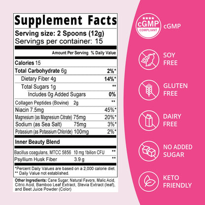 Daily Fiber Supplement for Women & Men, Fiber Powder with Probiotics, Collagen & Electrolytes- Supports Digestive & Gut Health, Bloating Relief | Sugar Free, Strawberry Lemon Flavor, 15 Servings