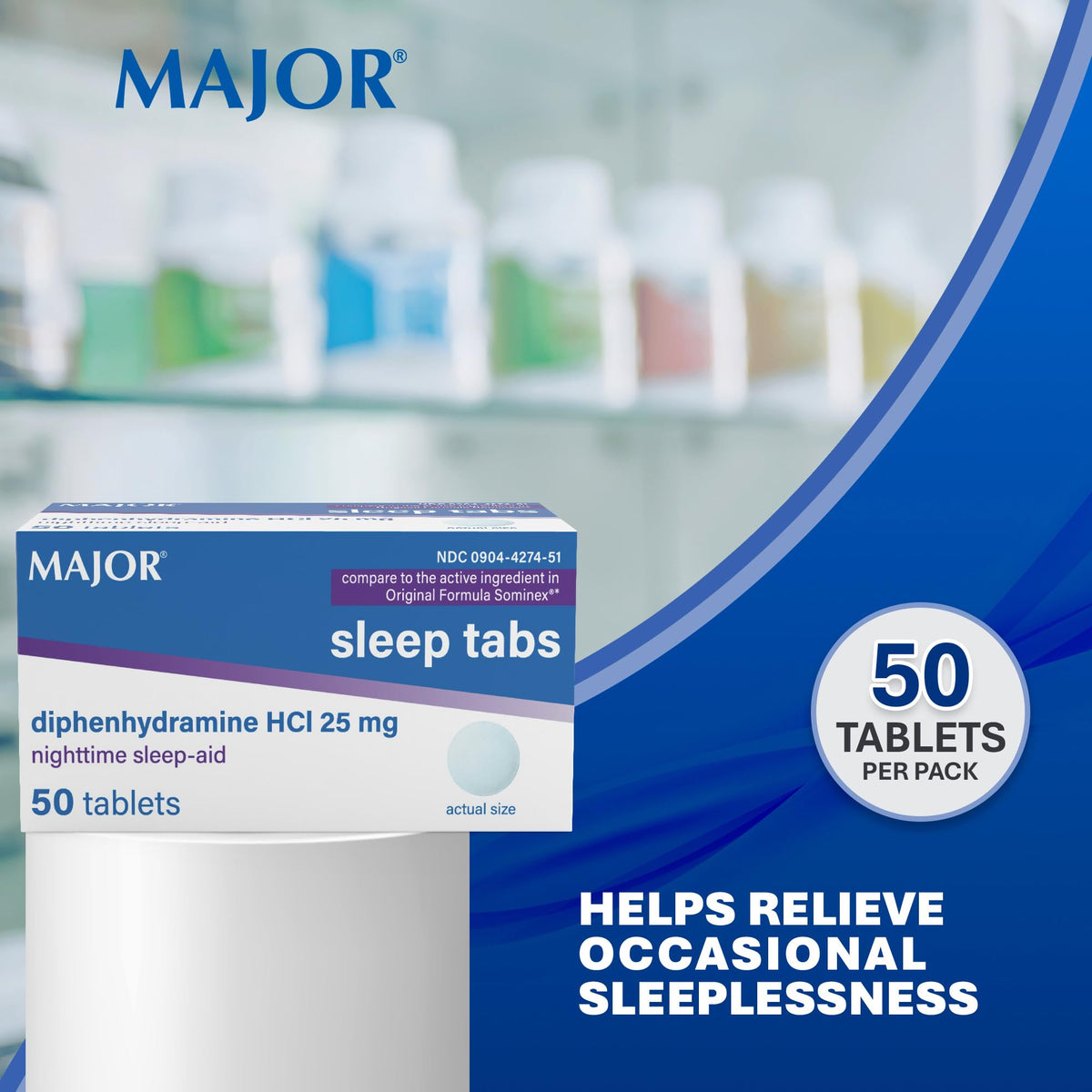 MAJOR Sleep Aid Tabs, Diphenhydramine HCl 25 mg, 50 Count (6-Pack)