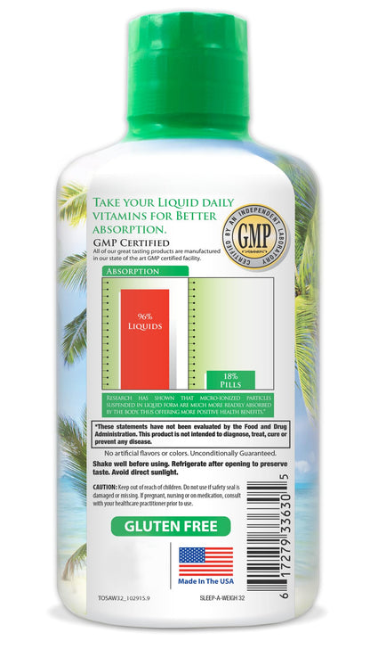 Tropical Oasis Sleep-A-Weigh Plus | Liquid Sleep Multimineral | w/Collagen, L-Carnitine, L-Lysine, Tonalin CLA, Apple Cider Vinegar, 5-HTP, Vitamins, 32 Fl Oz (Pack of 1), 33630