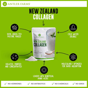 Antler Farms New Zealand Collagen Powder - Grass Fed, Unflavored, 1 lb - 100% Pure Hydrolyzed Collagen Peptides Powder, Cold Water Soluble Peptide, Keto Friendly, Bioavailable, Quick Dissolving