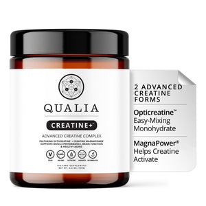 Qualia Creatine+ supplement jar with a white label on a white background