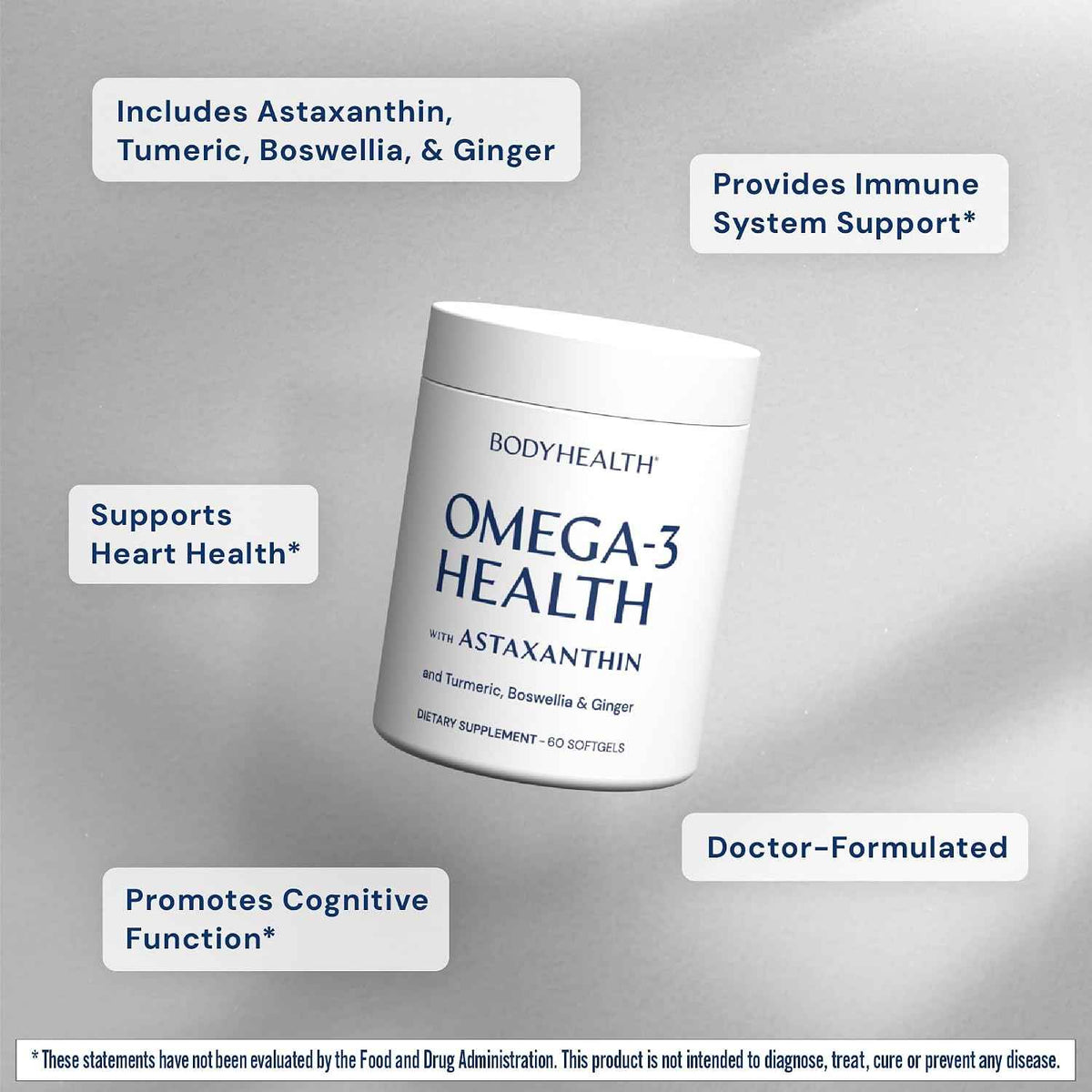 BodyHealth Omega 3 Health, Fish Oil Supplement for Women and Men, Heart and Brain Health, Fish Oil Pills, Fatty Acid Supplements, Omega 3 Vitamins - 60 Soft Gels