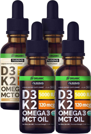 NUSAVA Unflavored D3 K2 Liquid Drops and Vanilla Flavored D3 K2 Liquid Drops Bundle - Potent Liquid Vitamins for Heart, Joint, Bone, Muscle, & Immune Support - Non-GMO, Gluten-Free, 2pk Each