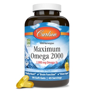 Carlson - Maximum Omega 2000, 2000 mg Omega-3s, Healthy Heart, Brain Function & Vision Support, Lemon, 90 soft gels