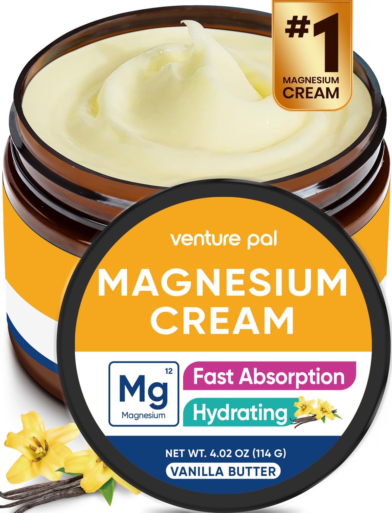 Venture Pal Topical Magnesium Cream, Highly Concentrated Magnesium Lotion - Fast-Absorbing Magnesium Moisturizing Cream with Coconut Oil, Shea Butter & Hyaluronic Acid; Suitable for Kids