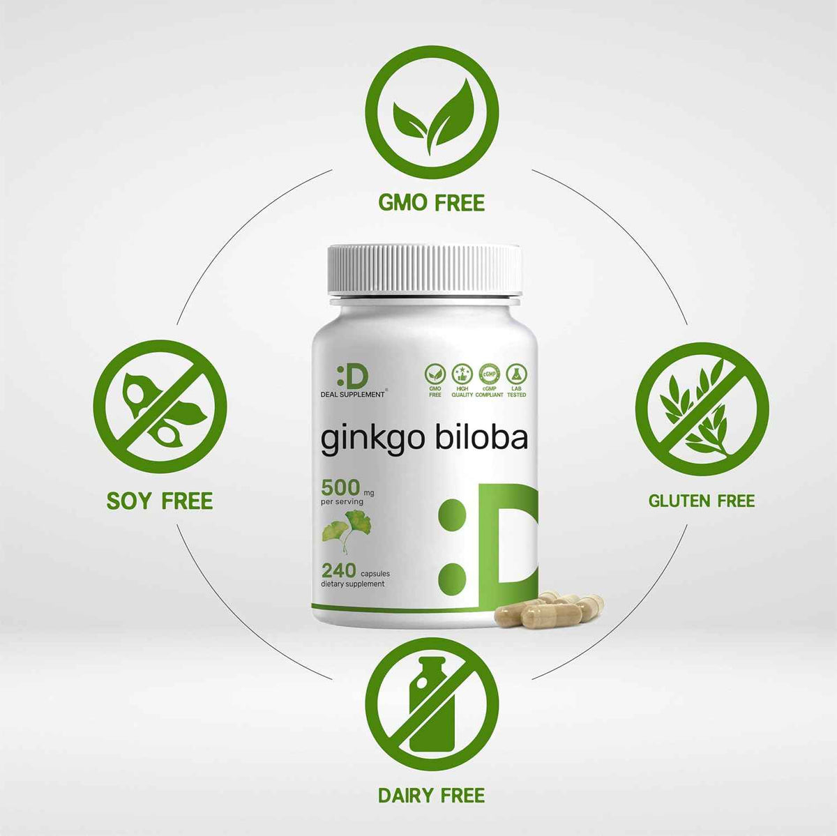 DEAL SUPPLEMENT Ginkgo Biloba 500mg Per Serving, 240 Capsules, 4 Month Supply - Grown in Northern Asia - Extra Strength, Promotes Brain Function