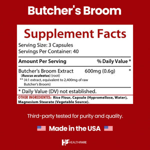 Healthfare Butchers Broom Supplement | Capsules Extract 2400mg | 120 Vegetarian Pills | Premium Herbal Root Supplement | Circulation & Vein Support | Non-GMO, Gluten-Free | Made in USA HealthfareBuy Supplements Australia