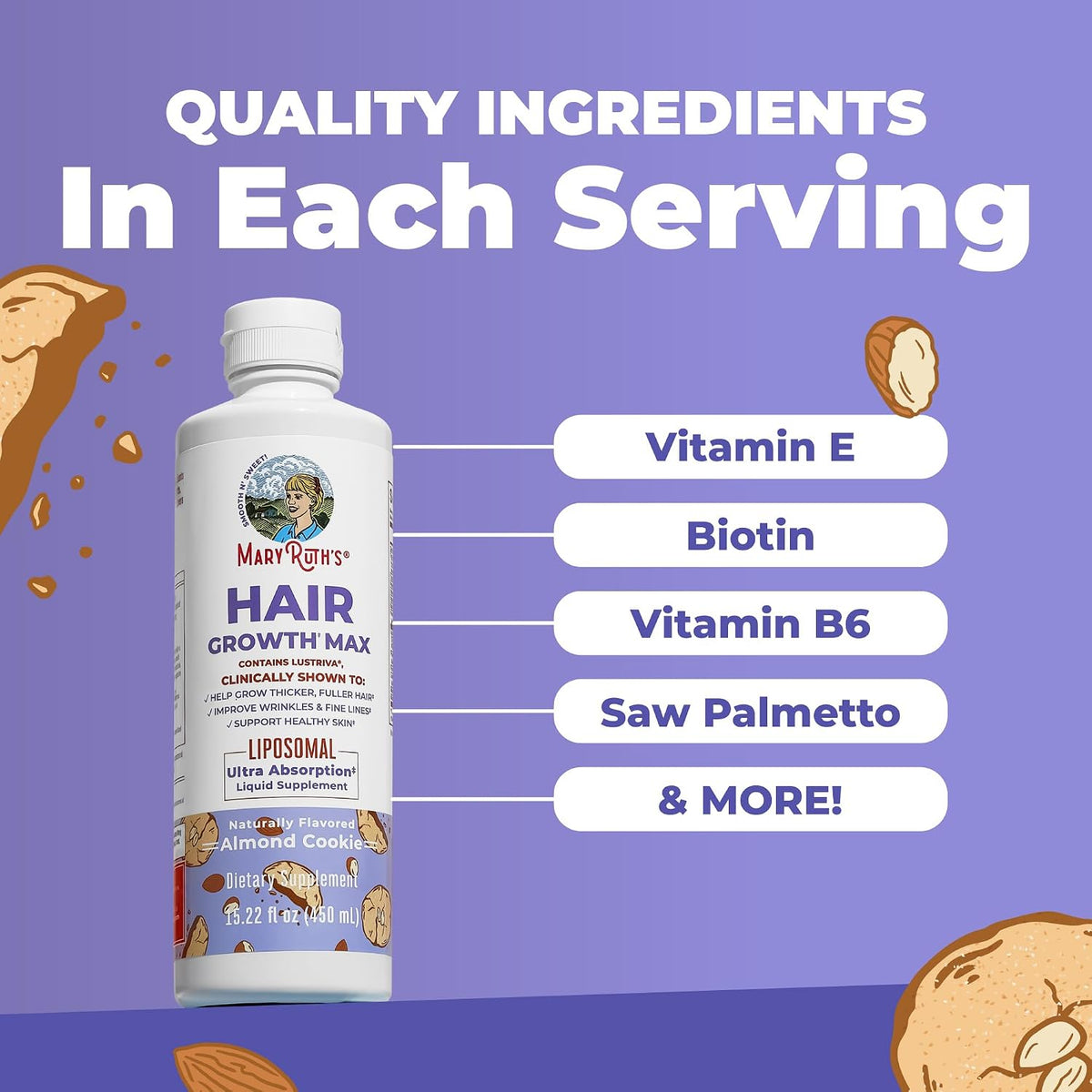 MaryRuth's Hair Growth Max Liposomal for Women - Lustriva + Biotin 10000mcg + Pumpkin Seed Oil - Thicker Hair - Hair Care - Wrinkles, Fine Lines, Skin Care - Ages 18+ - CLP Certified - 15.22 Fl Oz