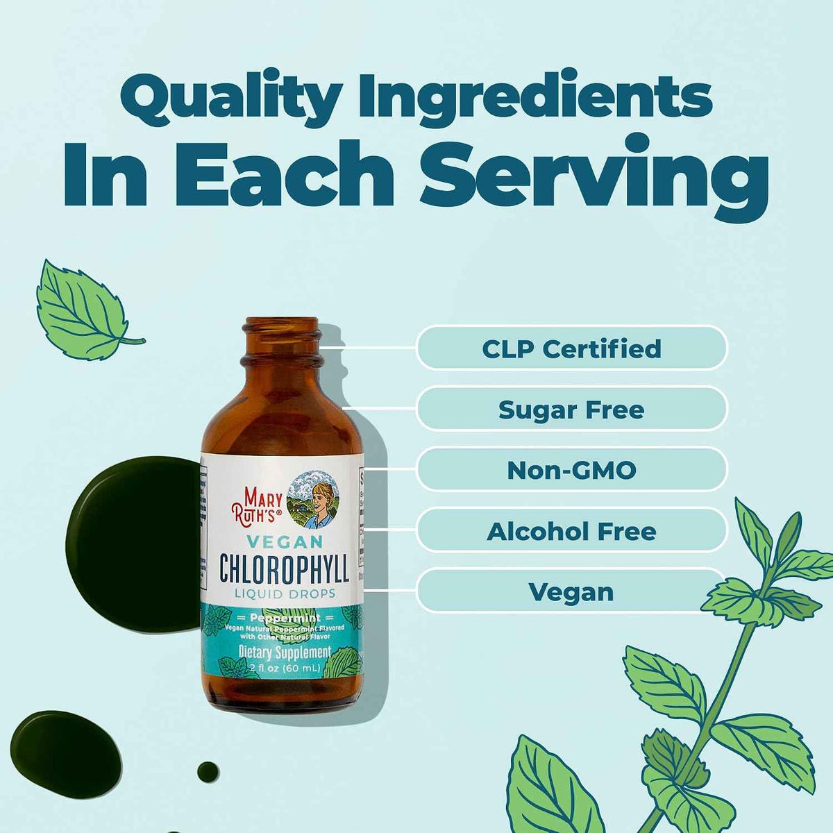 MARYRUTH'S Chlorophyll Liquid Drops - Clean Label Project Certified - Vegan - Non-Diluted Liquid Chlorophyll - Mulberry Derived Supplement for Ages 14+ - Non-GMO - Delicious Minty Flavor - 2 Fl Oz