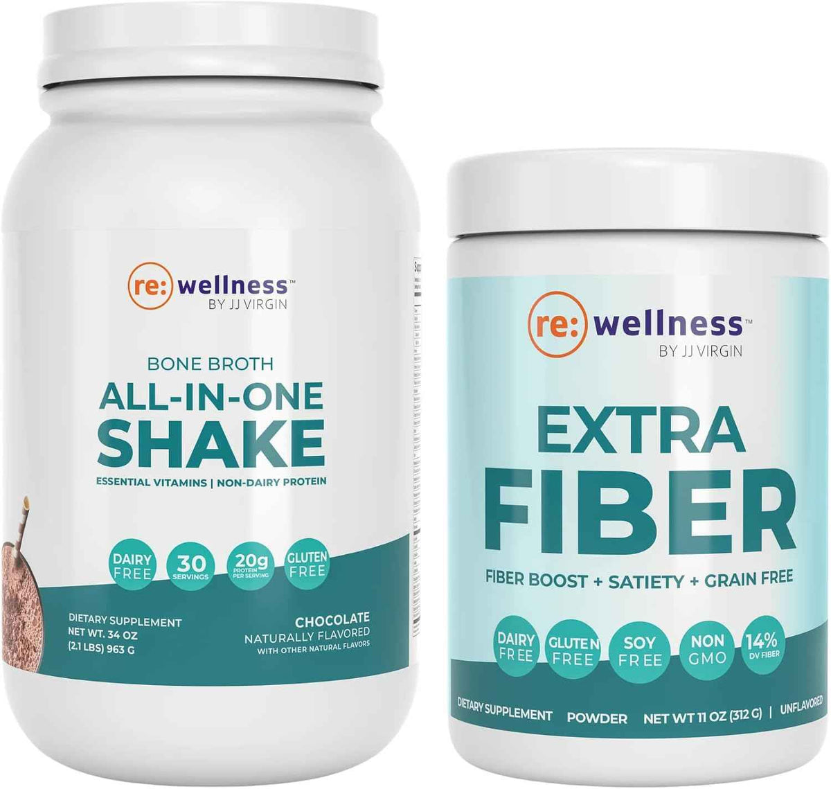 Reignite Wellness by JJ Virgin Bone Broth All-in-One Shake (Chocolate) and Extra Fiber Powder Supplement