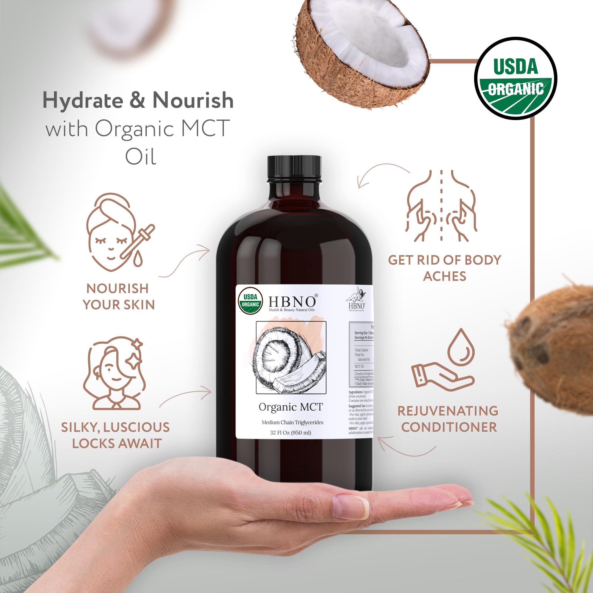 HBNO Organic MCT Oil - 32 oz (950ml) Value Size - Ideal for Salad dressings, Lip balms, Face wash, Lotions, Skincare, and hair care products.