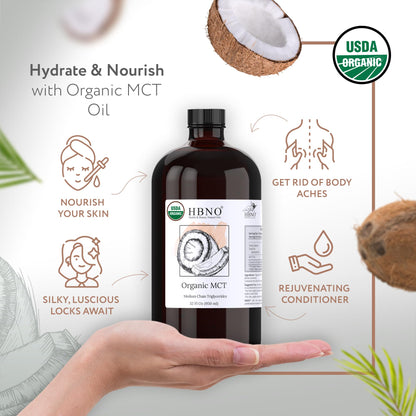 HBNO Organic MCT Oil - 32 oz (950ml) Value Size - Ideal for Salad dressings, Lip balms, Face wash, Lotions, Skincare, and hair care products.