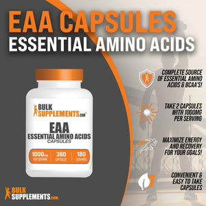 BulkSupplements.com Essential Amino Acids Capsules (EAA) - Amino Acids Supplement - EAAs Amino Acids - EAA Capsules - 1000 mg Serving - 90 Day Supply (180 Gelatin Capsules)