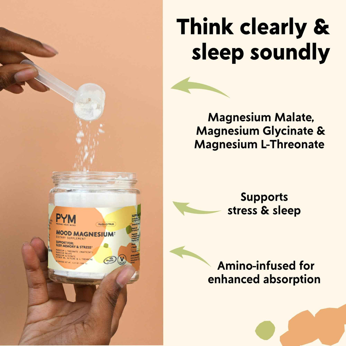 PYM Mood Magnesium Powder to Support Stress & Better Sleep, 30 Servings - Magnesium Glycinate, Magnesium Malate & l-Threonate, Yuzu Citrus - Non-GMO