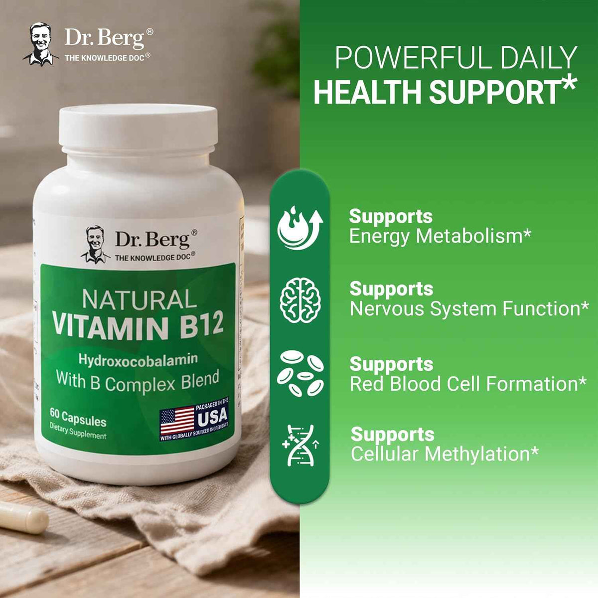 Dr. Berg Natural Vitamin B12 1000 mcg (Hydroxocobalamin) 60 Capsules - Energy, Brain & Nervous System Support* - w/B-Complex + Magnesium - 4X Lab Tested, GMO-Free, No Fillers