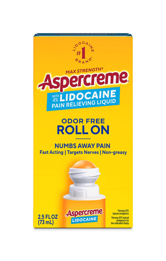 Aspercreme Lidocaine Pain Relief Liquid with No-Mess Roll-On Applicator, Max-Strength 4% Lidocaine Numbs Away Nerve Pain, Moisturizing Aloe Hydrates Dry Skin, 2.5 FL oz