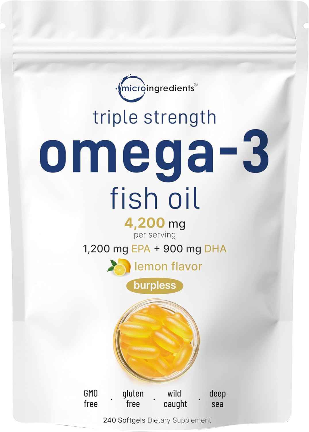 Micro Ingredients Omega-3 Fish Oil 4,200mg Softgels & Mega Probiotics 200 Billion CFU Veggie Capsules - 2 Pack Bundle - Wild-Caught, Burpless, Lemon Flavor - 40 Strains + Inulin, Acacia, & Bromelai