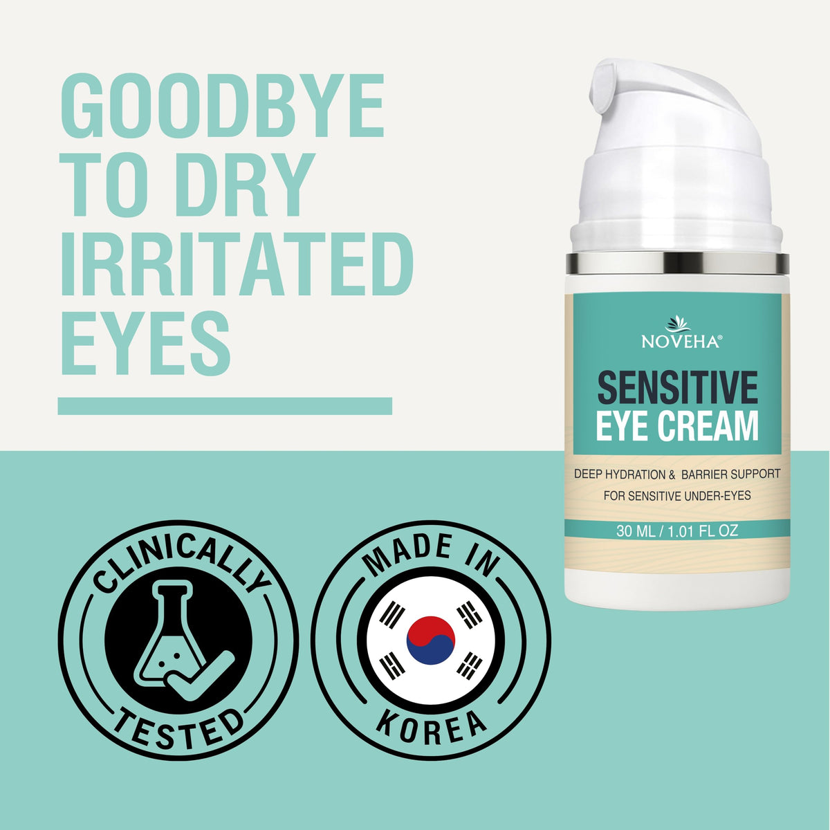 NOVEHA Daily Sensitive Eye Cream & Eyelid Moisturizer - Vegan Ceramide Hydrating Cream for Dry Eyelids, Puffiness & Fine Lines - Fragrance-Free (1 oz.)