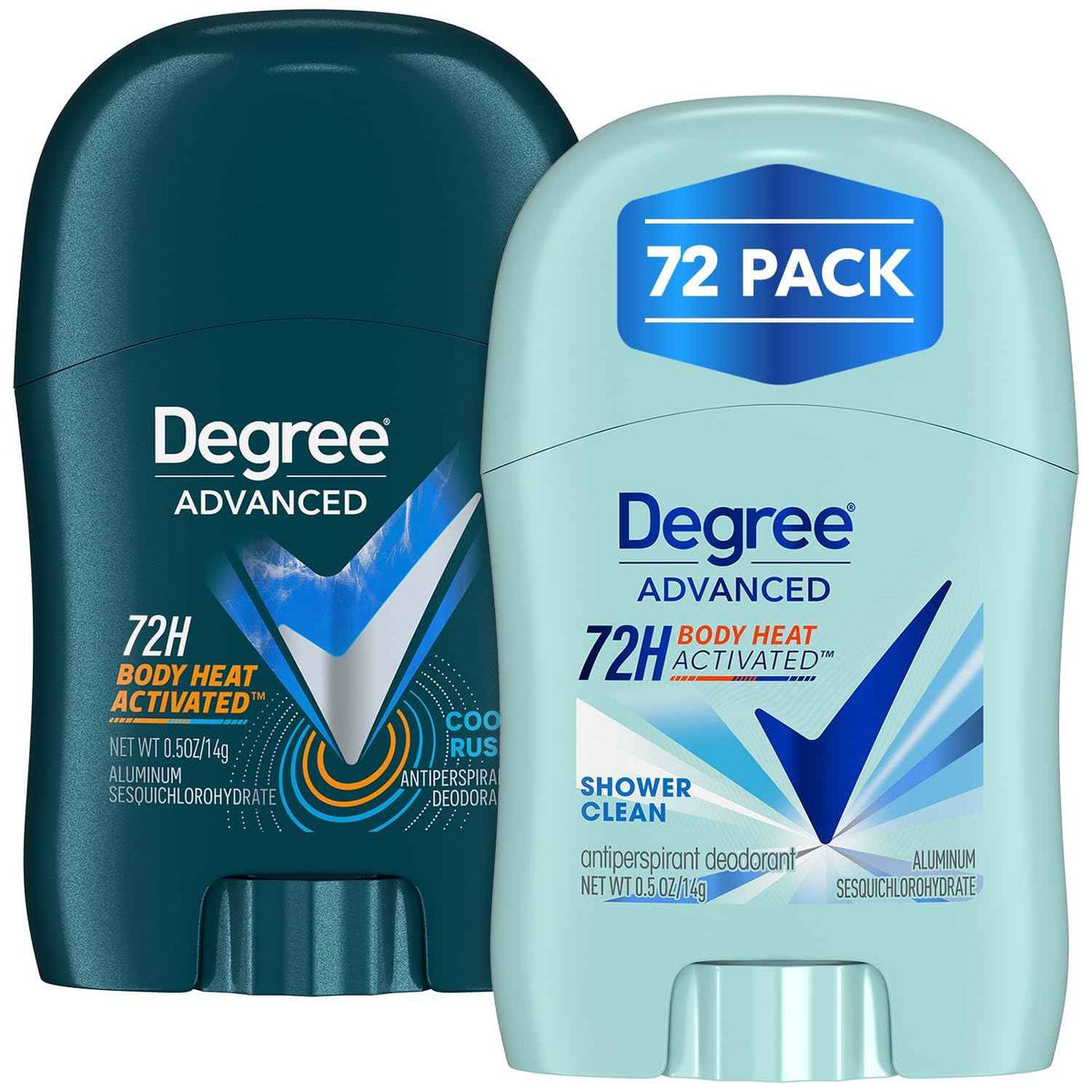 Degree Advanced Travel Deodorant Bulk Variety 24-Pack, 0.5 Oz Ea - 72H Body Heat Activated Mini Antiperspirant Deodorant Bundle - 12 Cool Rush for Men + 12 Shower Clean for Women