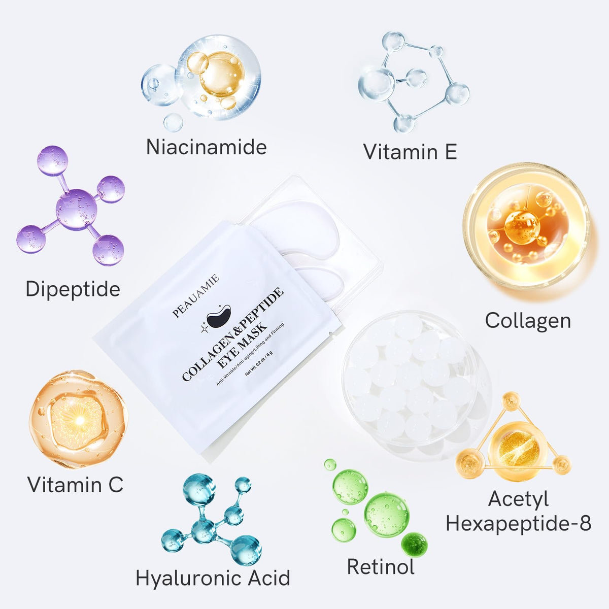 PEAUAMIE Collagen & Peptide Under Eye Patches (30 Pairs) – Rapid Relief for Dark Circles, Puffiness & Fine Lines | Professional Eye Mask Skincare
