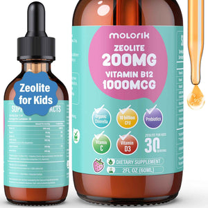 Zeolite Detox for Kids and Adults, 200mg Zeolite Liquid Drops with 1000mcg Vitamin B12, Organic Chlorella, 10 billion CFU & Prebiotics for Gut Support & Speech, Immune, Bone, Energy*, Strawberry, 60ML