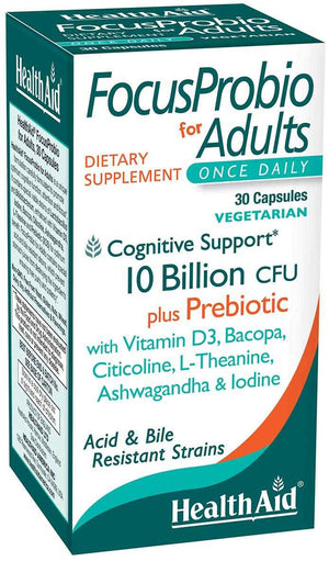 FocusProbio for Adults - 10 Billion CFU Probiotic with Prebiotic, Bacopa, Citicoline, L‑Theanine, Ashwagandha & Vitamin D₃ - Supports Focus, Mood & Gut-Brain Balance - Vegetarian, Once Daily