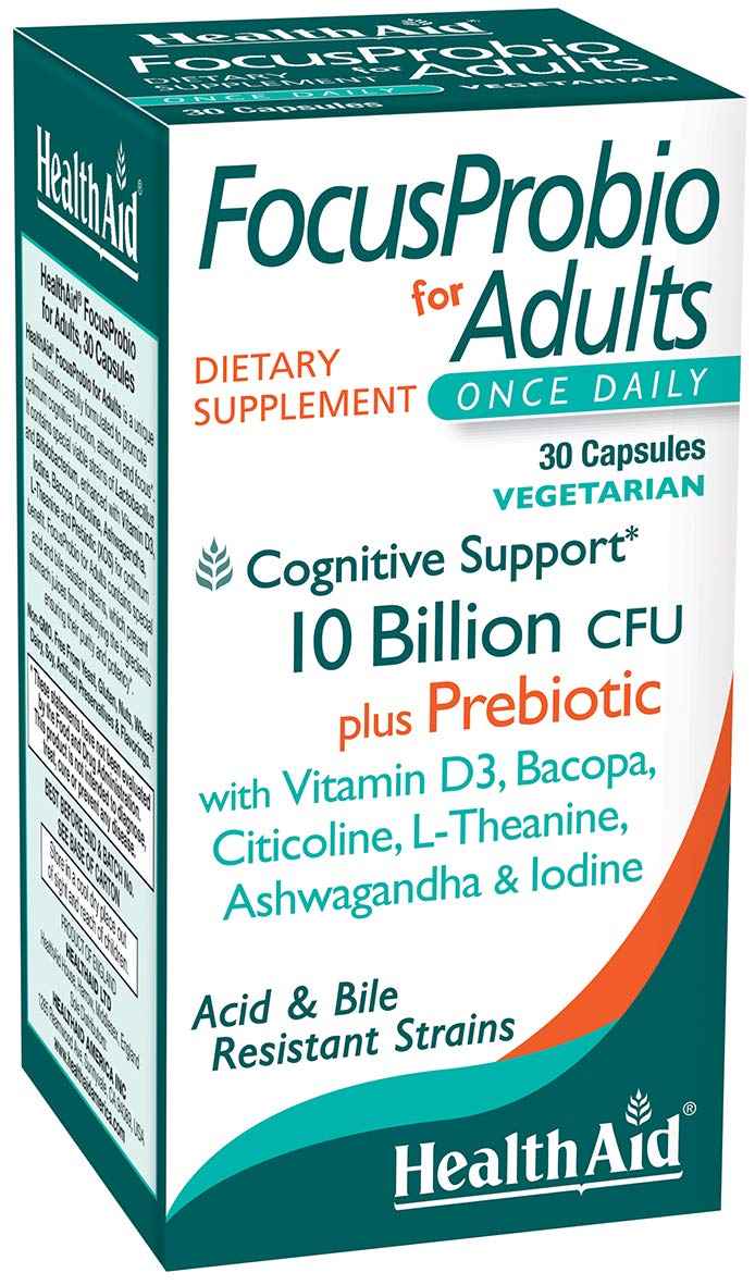 FocusProbio for Adults - 10 Billion CFU Probiotic with Prebiotic, Bacopa, Citicoline, L‑Theanine, Ashwagandha & Vitamin D₃ - Supports Focus, Mood & Gut-Brain Balance - Vegetarian, Once Daily