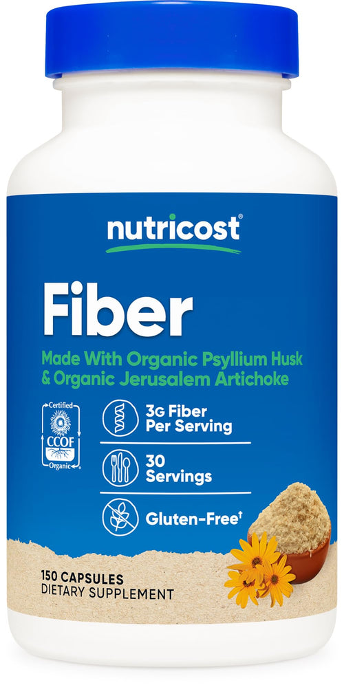 Nutricost Fiber Capsules with Prebiotic Fiber Supplement 150 Capsules - CCOF Certified Supplement, Made with Organic Psyllium Husk & Organic Jerusalem Artichoke, Gluten Free, 3 G Per Serving