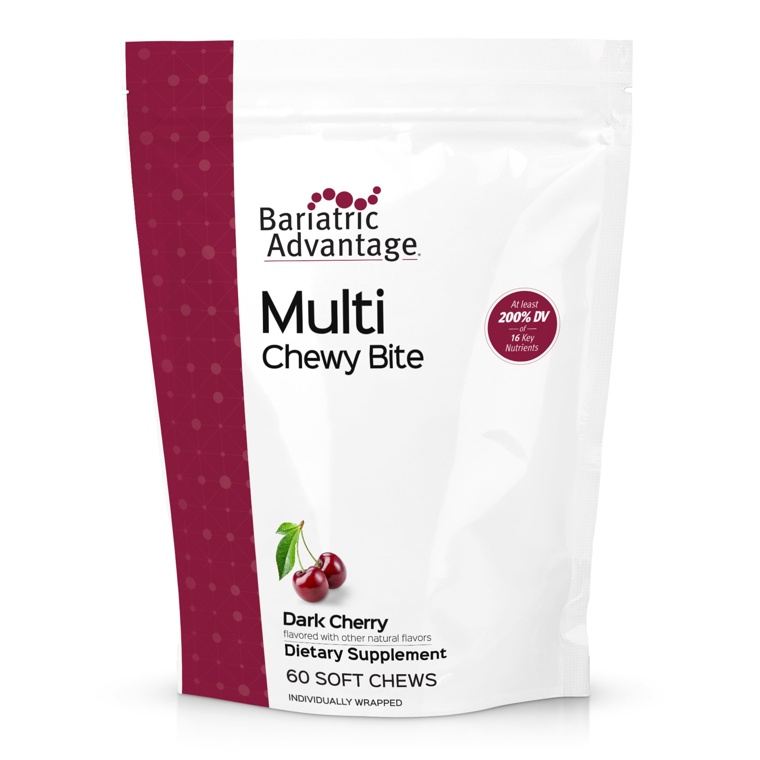 Bariatric Advantage Multi Chewy Bite - Soft Chew Multivitamin for Bariatric Surgery Patients - Chewable Multivitamin with Folic Acid, Vitamin D3 & More - Dark Cherry Flavor - 60 Count