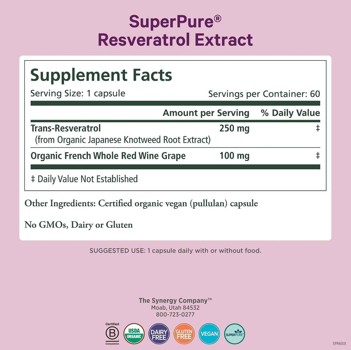 PURE SYNERGY SuperPure Resveratrol Extract - Organic Resveratrol Supplement - Antioxidant Trans-Resveratrol Extract with Grape Polyphenols - for Healthy Aging, Heart, and Skin Health (60 Capsules)