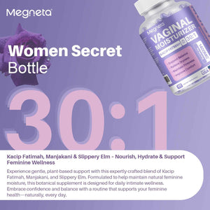 MEGNETA Vaginal Moisturizer, Kacip Fatimah 1,000mg & Manjakni 200mg for Female Intimate Health, Slippery Elm for Women, Vegan, 60 Capsules