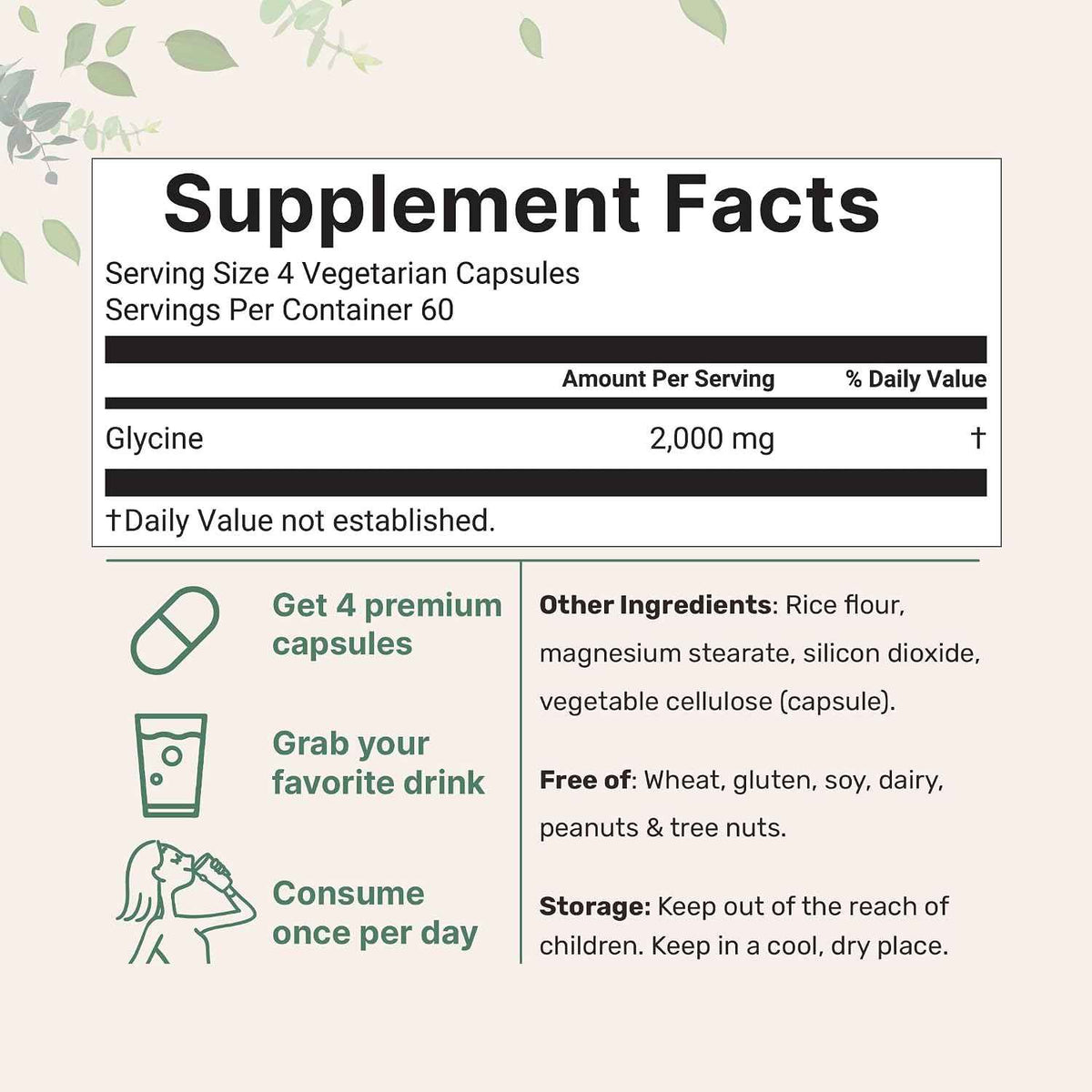 Glycine 2,000mg Per Serving, 240 Veggie Capsules - Free Form - Double Strength Amino Acids - Restful Sleep and Neurotransmitter Support Supplements - Non-GMO, Gluten Free