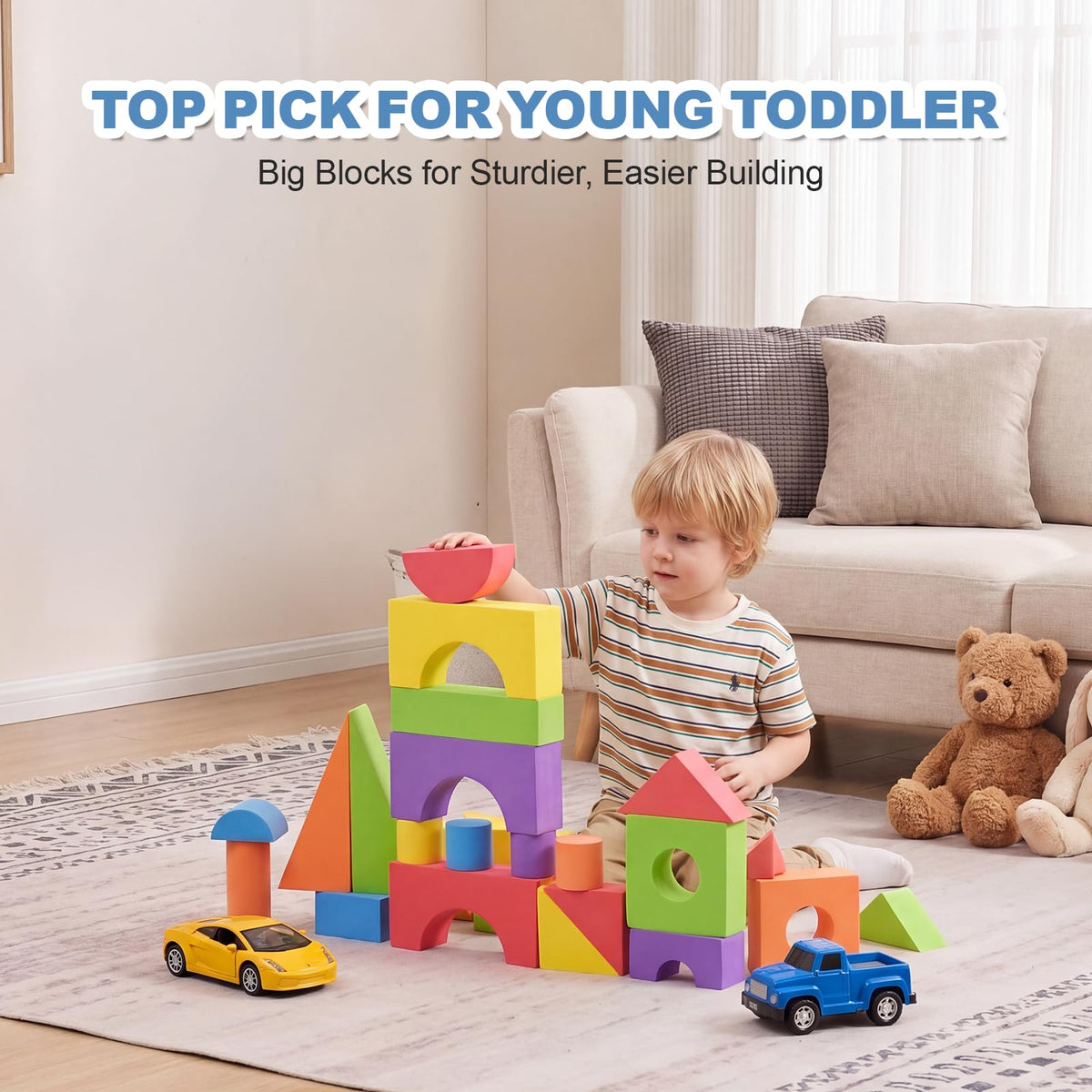 Bingyouth Large Building Foam Blocks for Toddlers, EVA Stacking Foam Building Blocks Toy Set, Non-Toxic, Washable, Early Learning Construction Toys & Gifts for Kids Boys & Girls (Blue, Pieces, 60)