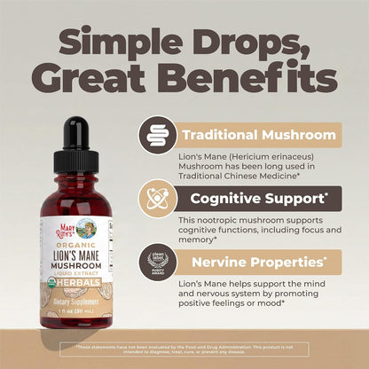 MARYRUTH'S Lions Mane Mushroom Supplement - Nootropic USDA Organic Lions Mane Extract 1,180mg - Nervine Herbal Liquid Drops - Brain Health - Focus & Memory - Non-GMO - Vegan - Alcohol Free - 1 Fl Oz