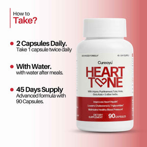 Cureayu Heart Tone Capsules - Natural Heart Health Supplement - Supports Healthy Cholesterol & Triglycerides Levels - with Arjuna, Pushkarmool + 8 Other Herbs - 90 Capsules