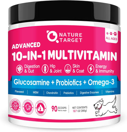 NATURE TARGET Dog Vitamins Powder, Probiotics & Digestive Enzymes for Gut Health, Glucosamine & Chondroitin & Omega 3, Complete Supplement for Homemade Dog Food, Joint & Skin & Immune Support - Probiotics & Digestive Enzymes for Gut Health, Glucosamine &