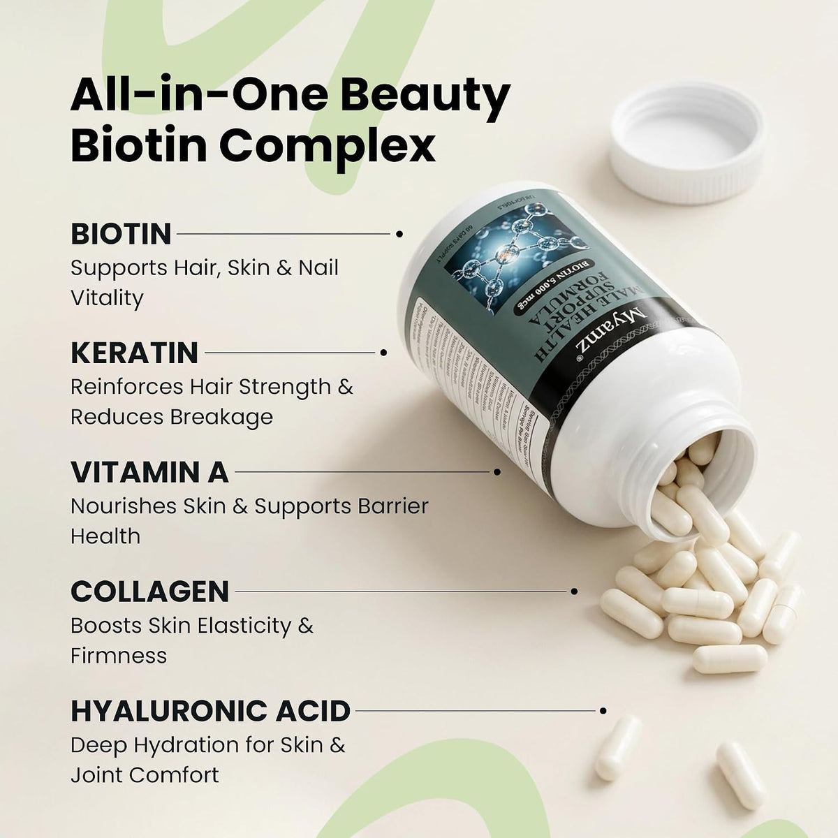 Collagen Peptides & Hyaluronic Acid Supplement with Vitamins A, C, E, B6, Biotin, Zinc & Selenium - Skin Hydration, Hair Growth & Nail Strength Complex for Women & Men