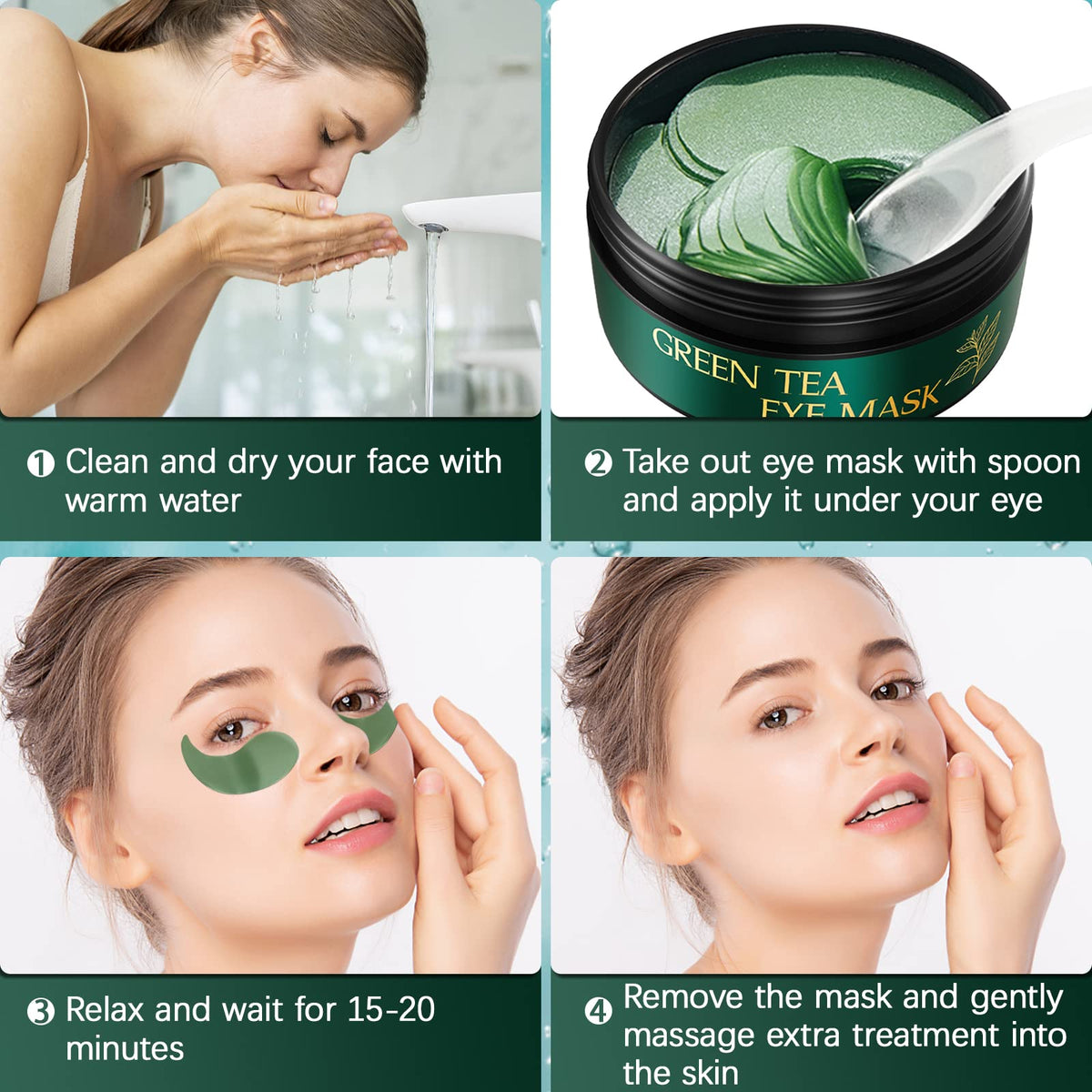 Tiepetly Green Tea Collagen Under Eye Masks - Hydrating Eye Patches for Dark Circles & Puffy Eyes (60 Pcs)