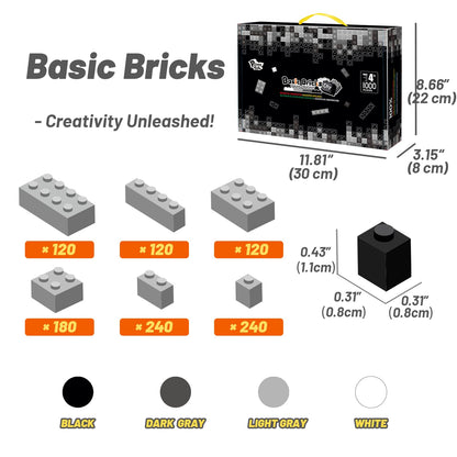 Pairez Toys 1000 Piece Blocks for Building, Classic Bulk 2x4 Basics Bricks Building Set, Compatible with All Major Brands, Creative STEM Building Toys for Kids Ages 4 5 6 7 8 (Black & Gray & White)